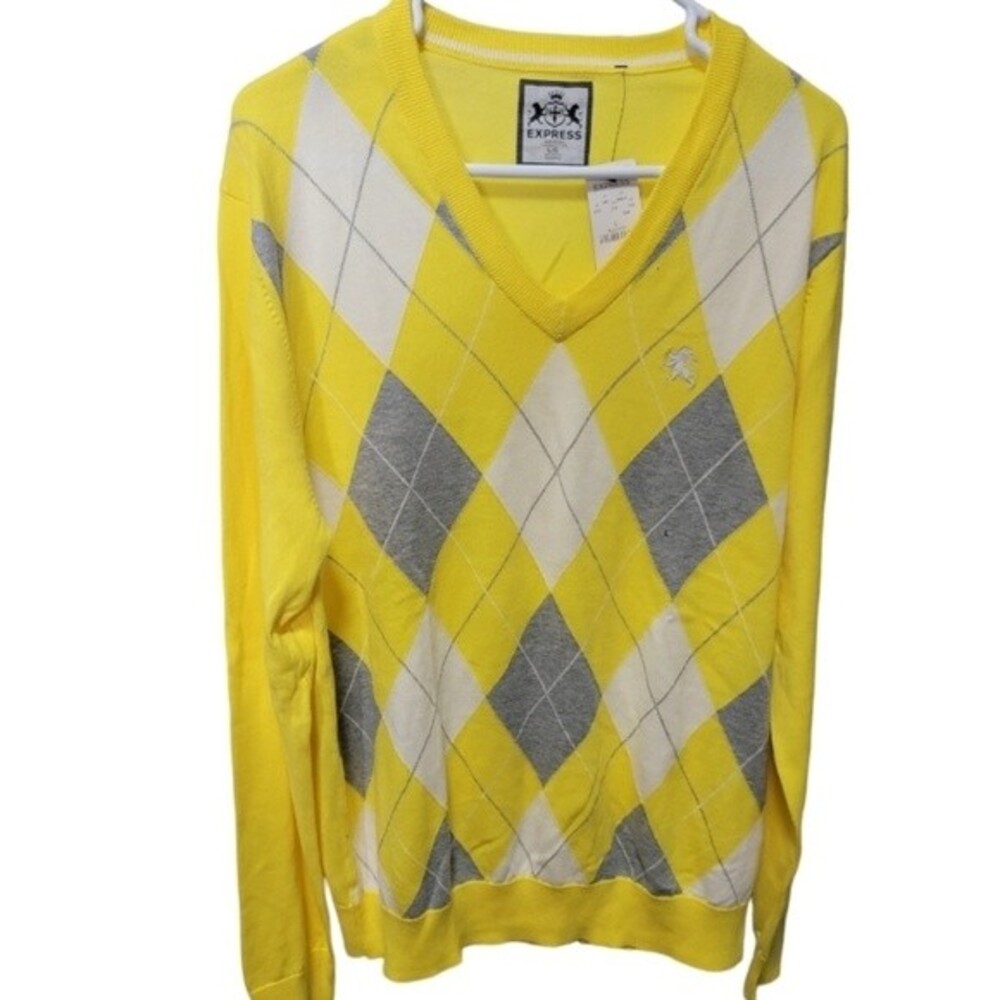 Express V neck Long Sleeves pullover  knit sweater Size L argyle yellow gray *